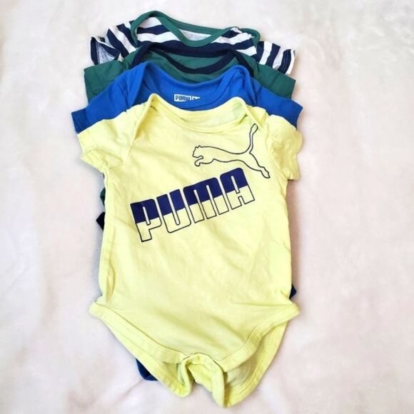 Puma 0-3 Months 4 Bodysuits Short Sleeve logo striped yellow green blue - Picture 2 of 9